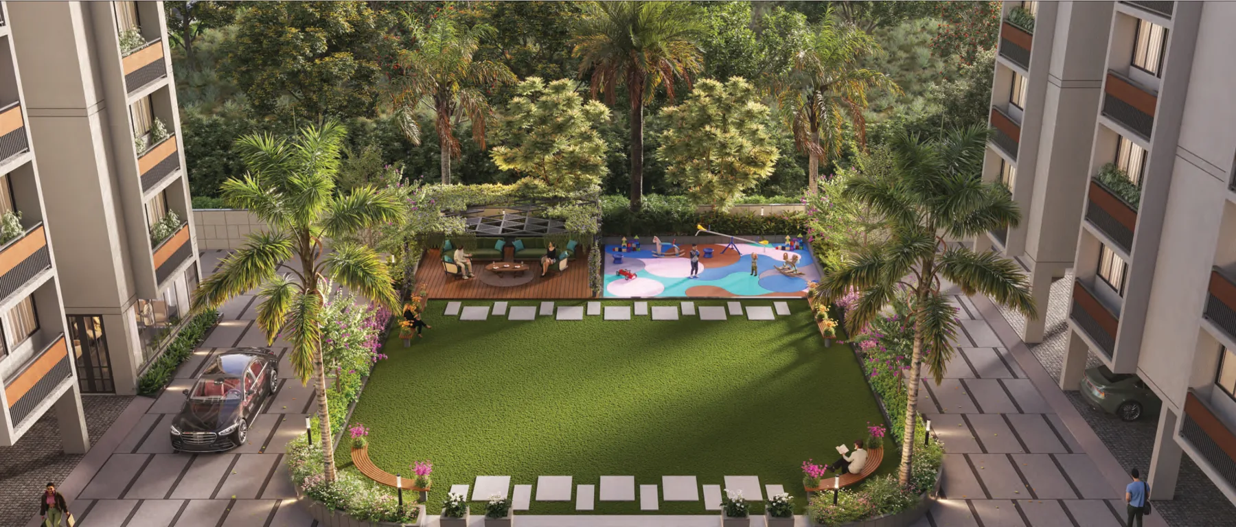 Landscaped central lawn, children's play area and seating in the project brochure rendering