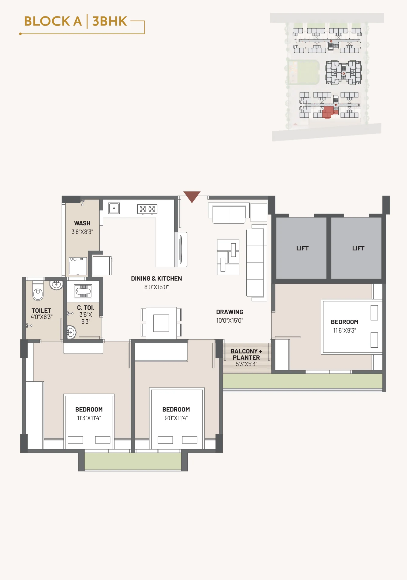 3 BHK Block A floor plan from the supplied brochure