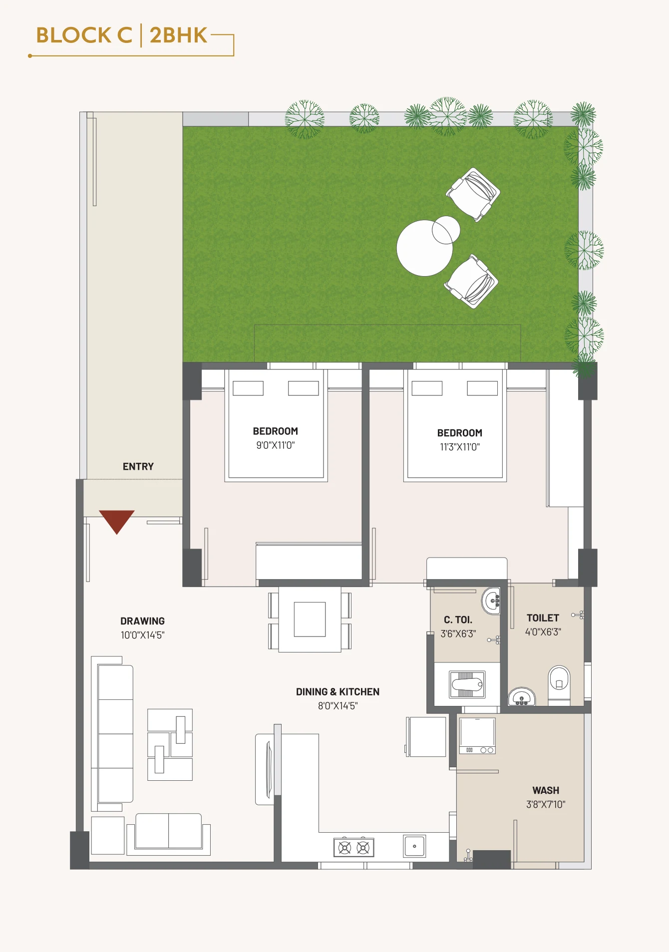 Block C ground-floor 2 BHK plan showing a private garden and individual entry