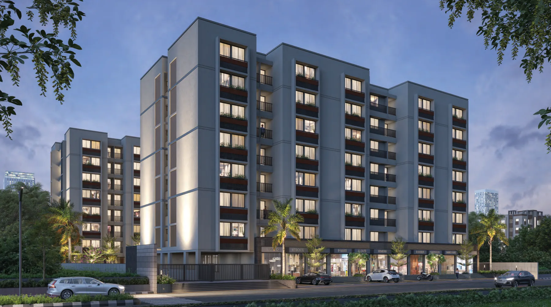 Evening facade with lit windows and landscaping