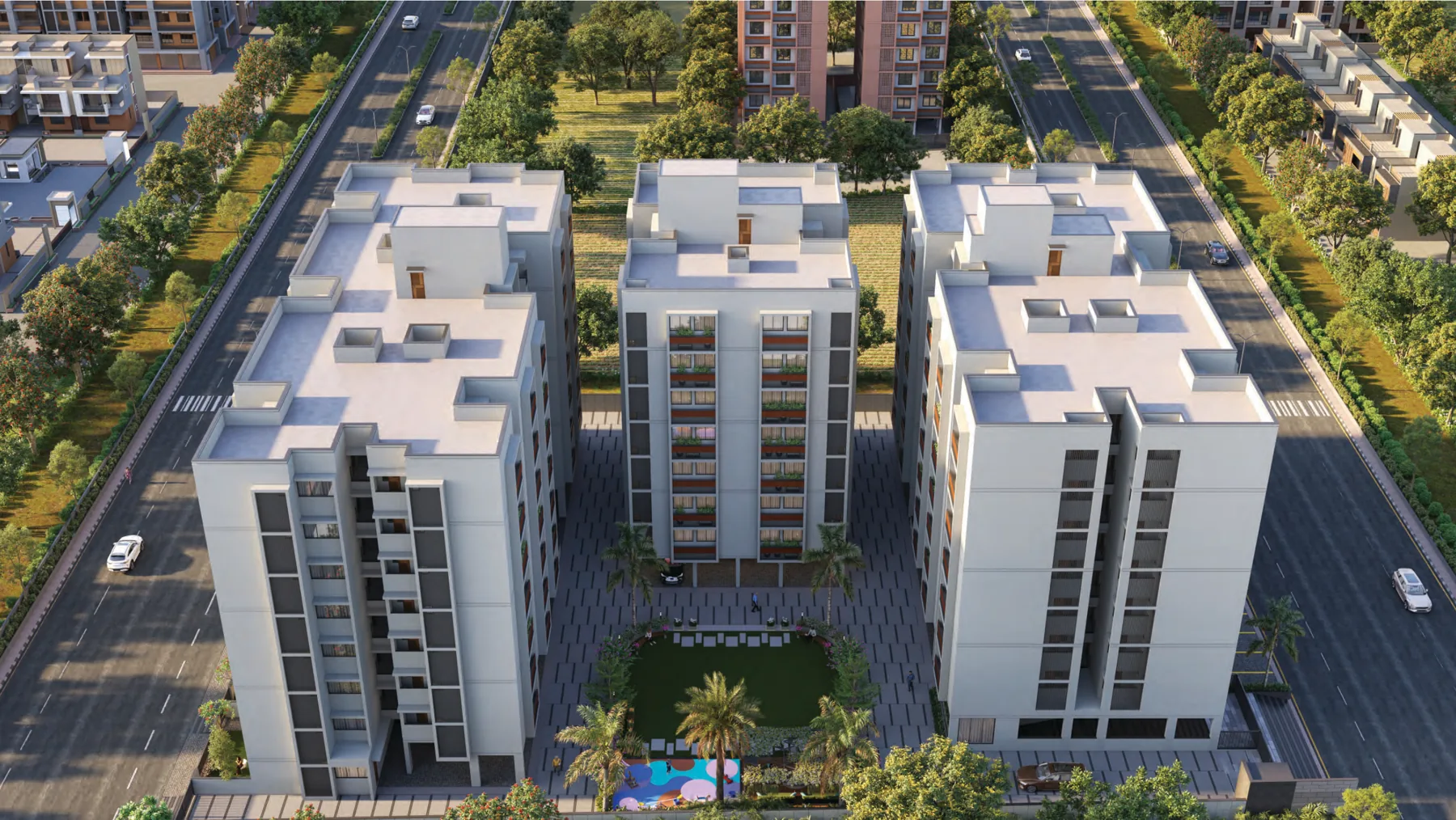 Aerial rendering of the three blocks around the landscaped courtyard