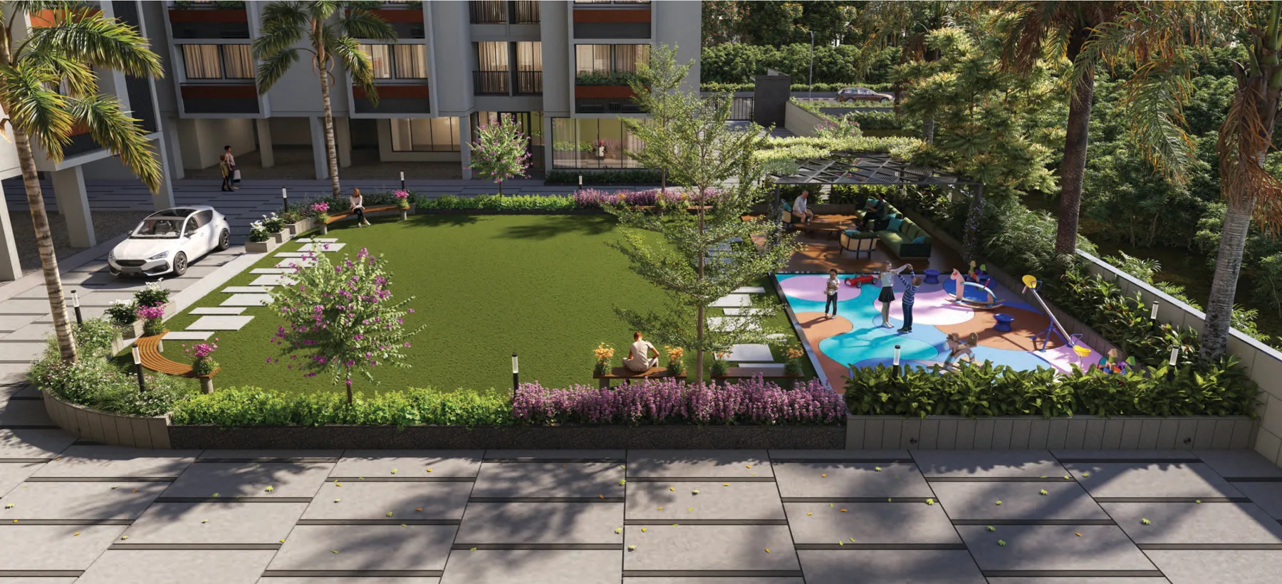 Brochure rendering of the landscaped common garden and seating