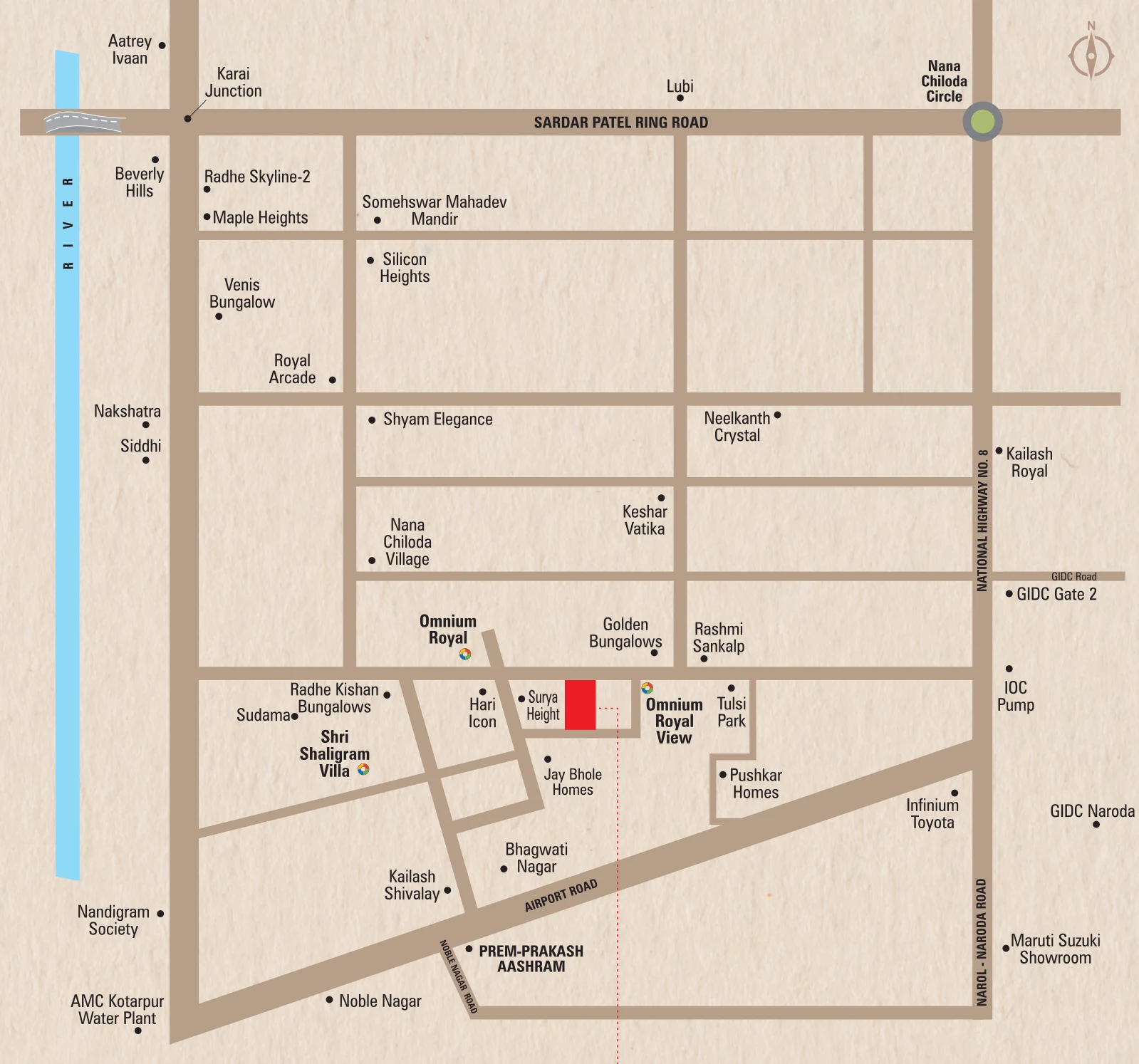 Brochure location map for the project near Golden Bunglow, Hari Icon and Airport Road in Nana Chiloda