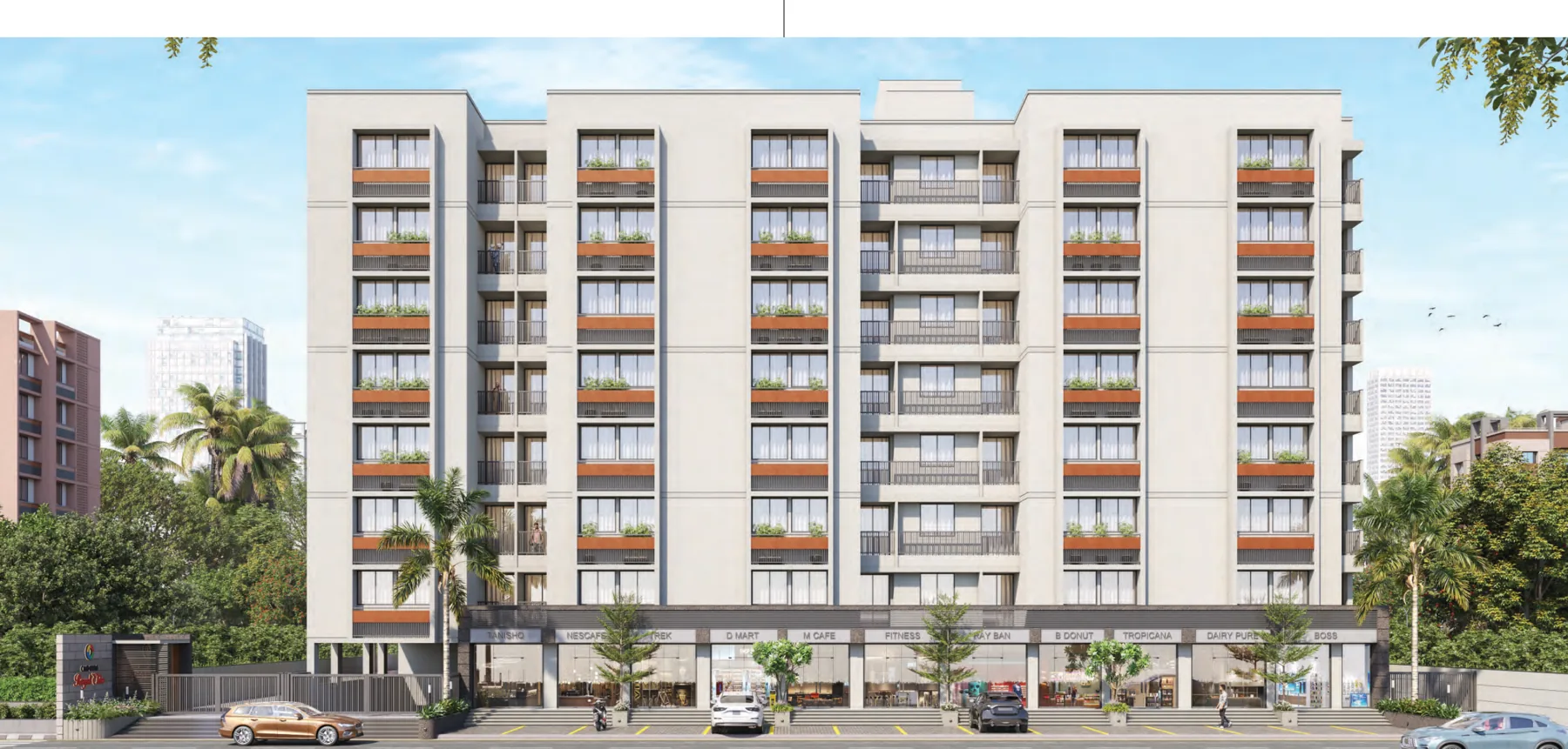 OMNIUM Royal Elite front elevation with ground-floor commercial spaces, brochure rendering
